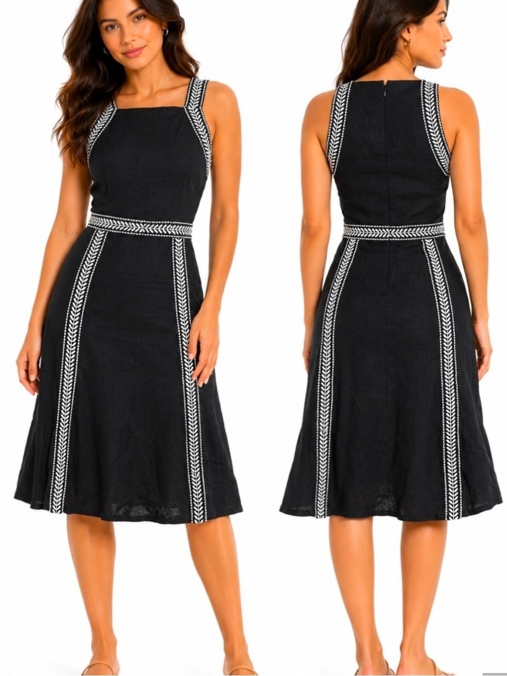 NWT Ann Taylor Black And White Embroidered Linen Blend Midi Dress Size 10